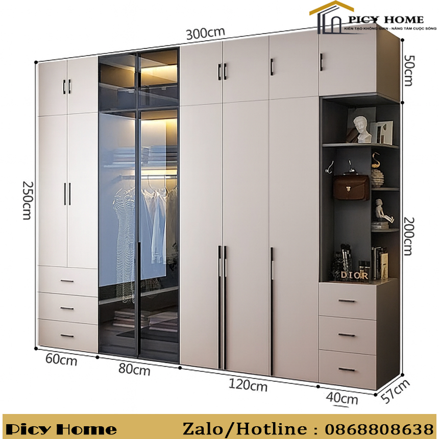 Kích thước tủ quần áo gỗ công nghiệp mdf cánh kính
